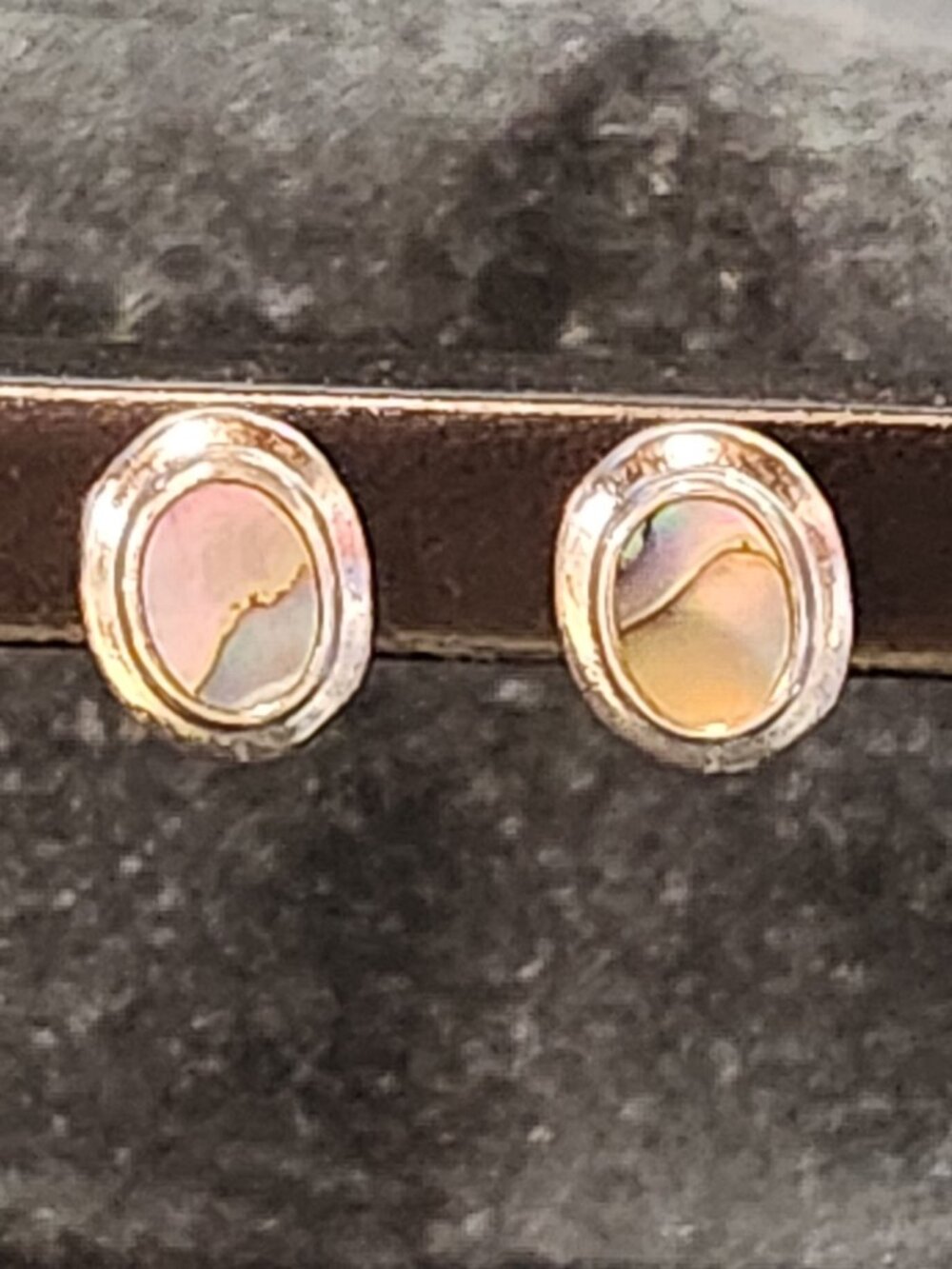 Silver Tone Oval Shell Inlay Stud Earrings
